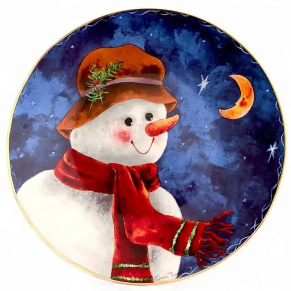 Elaine Thompson Ceramic Snowman Plate Winter Holiday Decor Blue 12.5
